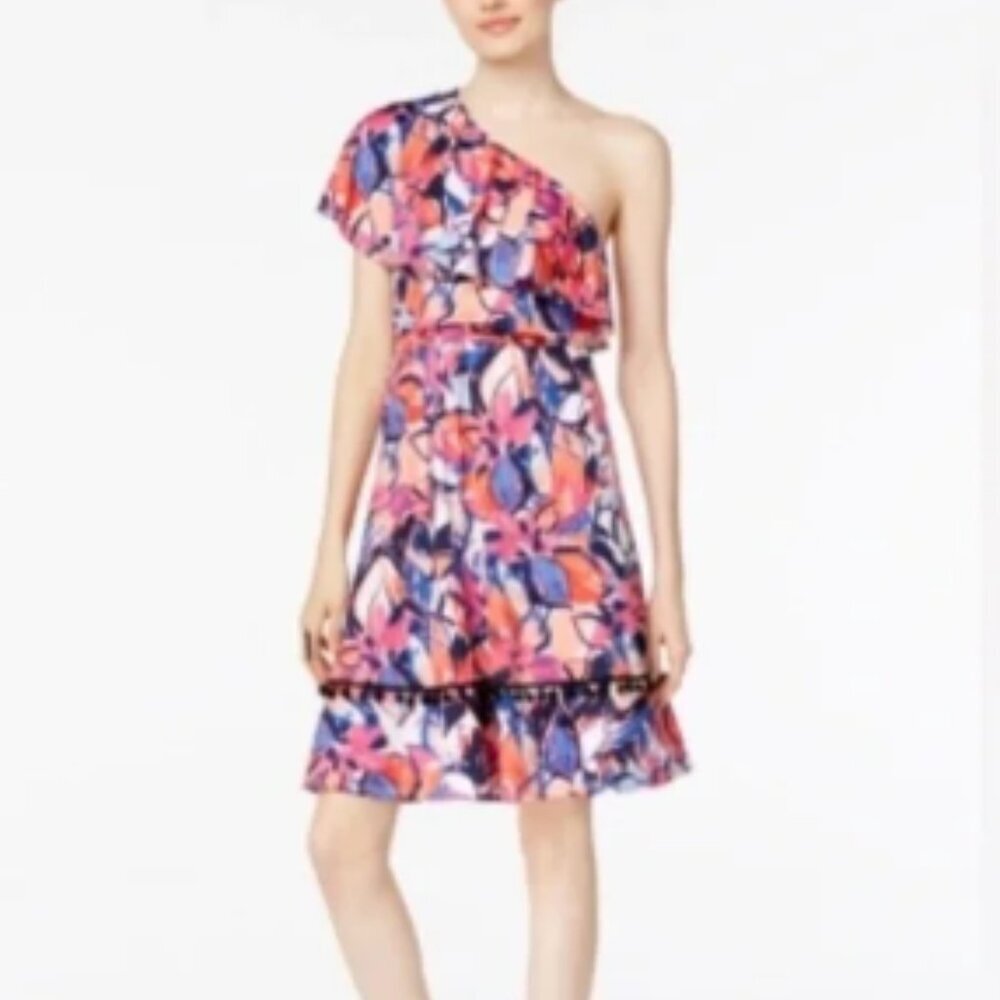 NY Collection Pink Blue Black Floral One Shoulder Ruffle Pom Trim Dress S